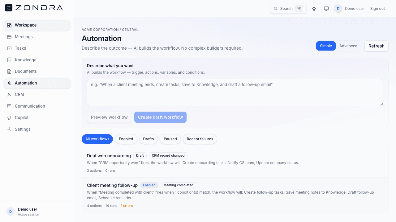 Zondra Automation — customer reply workflow with AI summary, CRM, meeting, and tasks