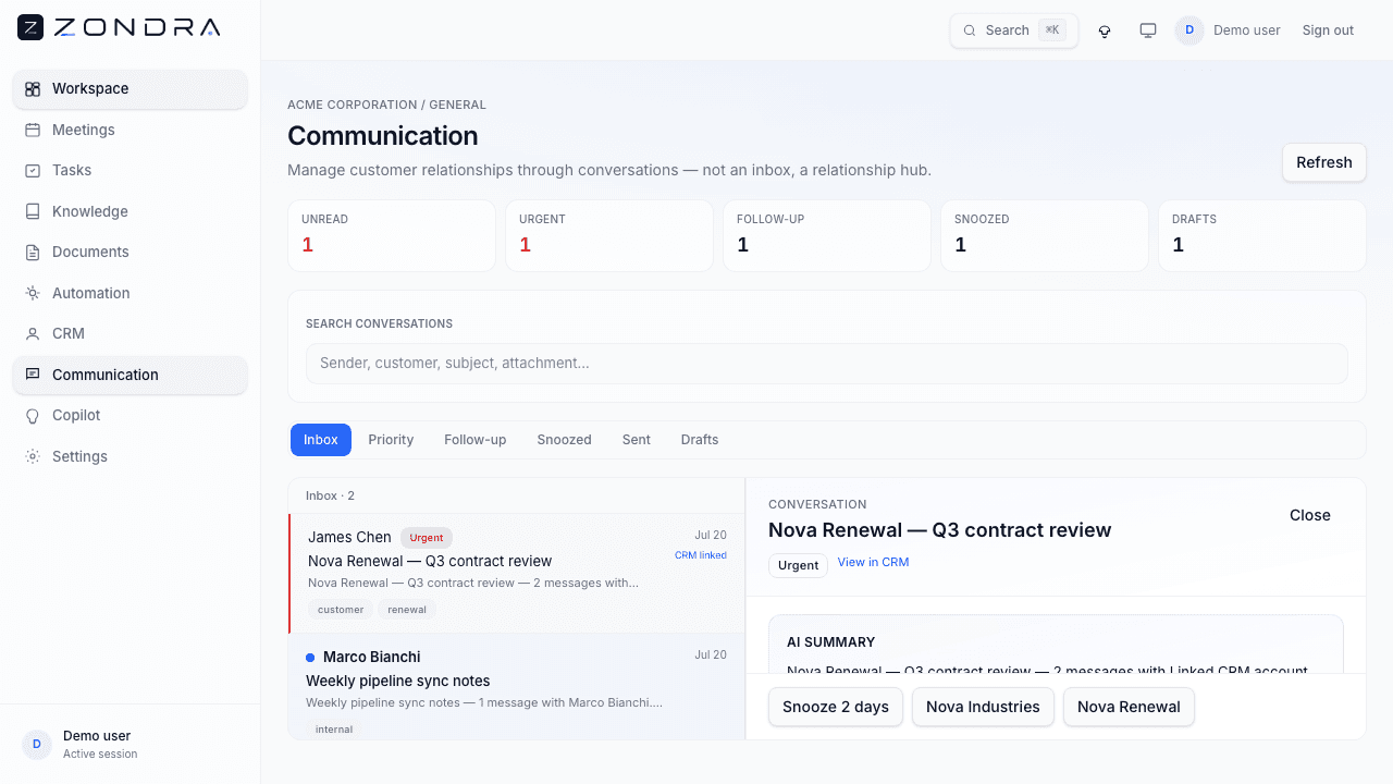 Zondra Communication — customer thread linked to CRM and next actions