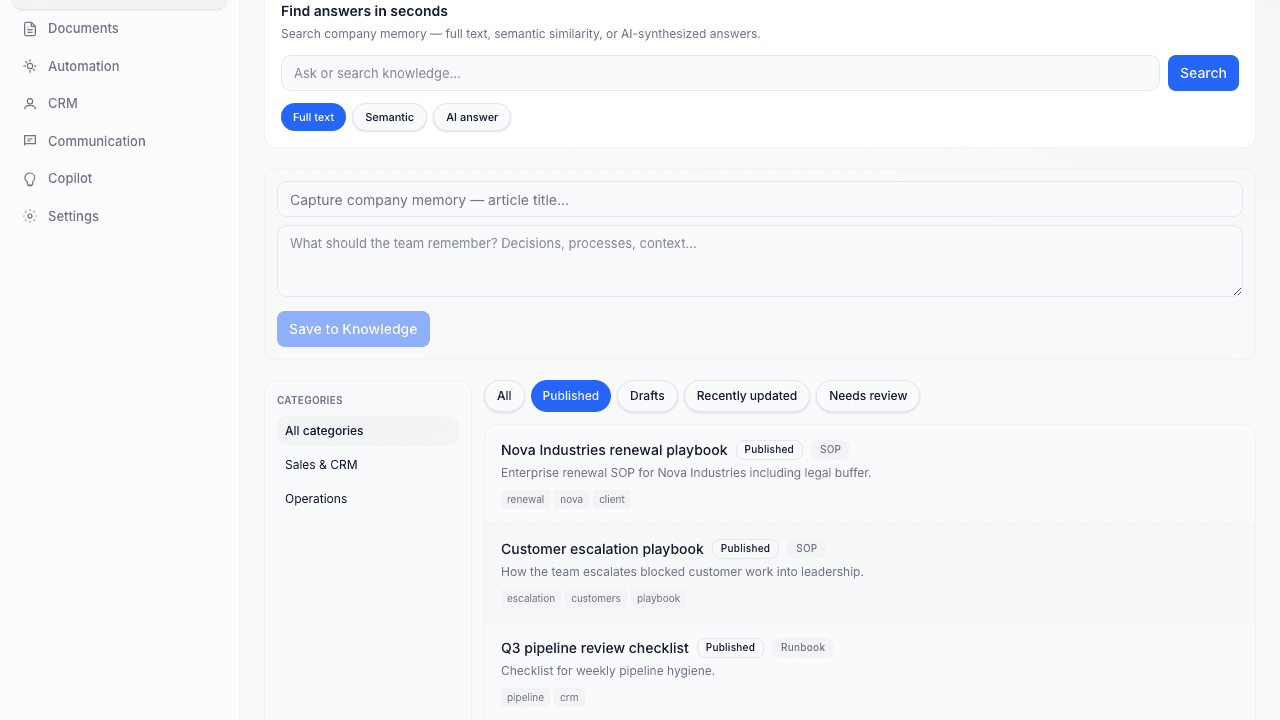 Zondra Knowledge — operational articles and company memory