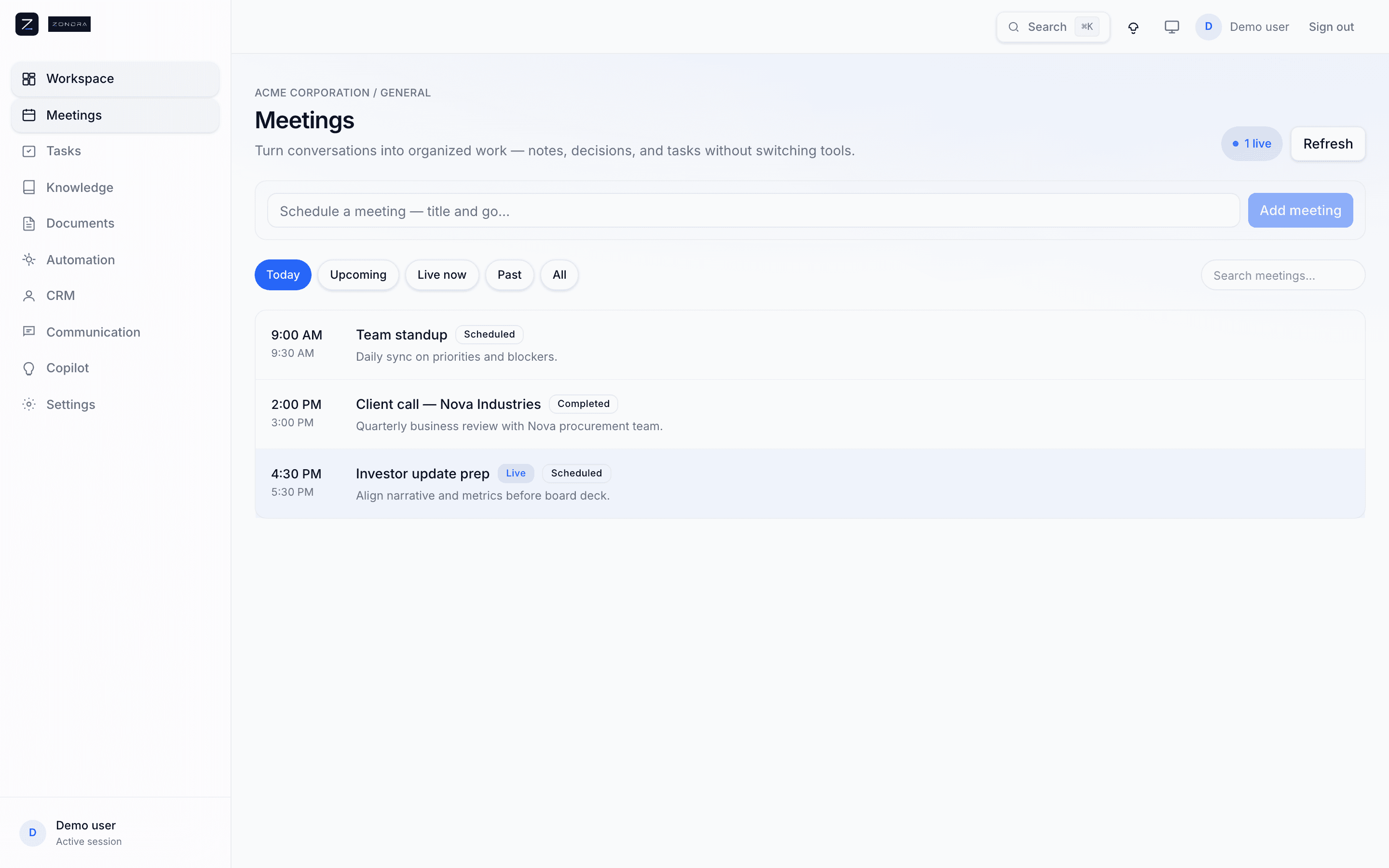 Zondra Meetings — Acme QBR with agenda, participants, and follow-ups