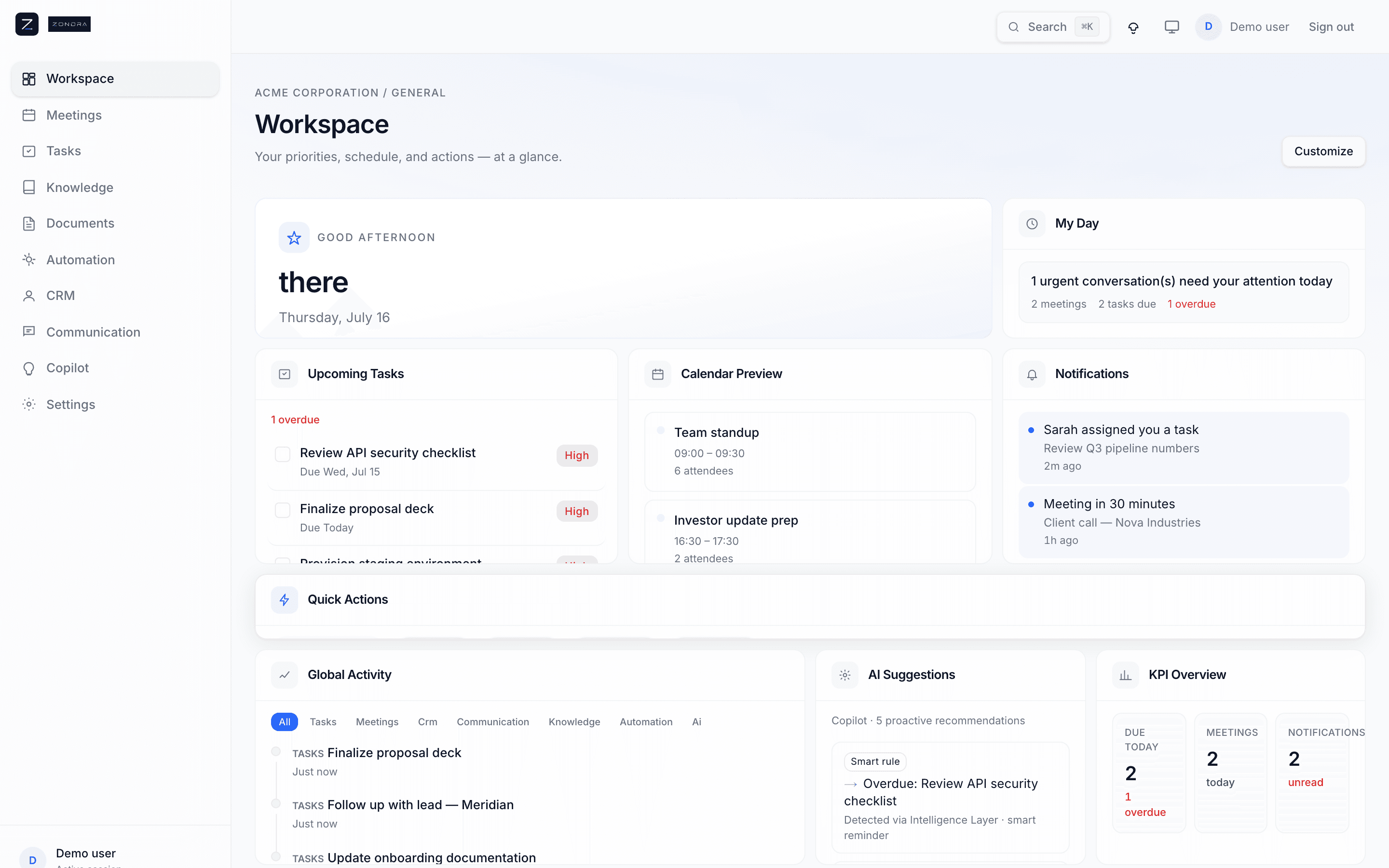 Zondra My Day — priorities, meetings, and company context in one workspace