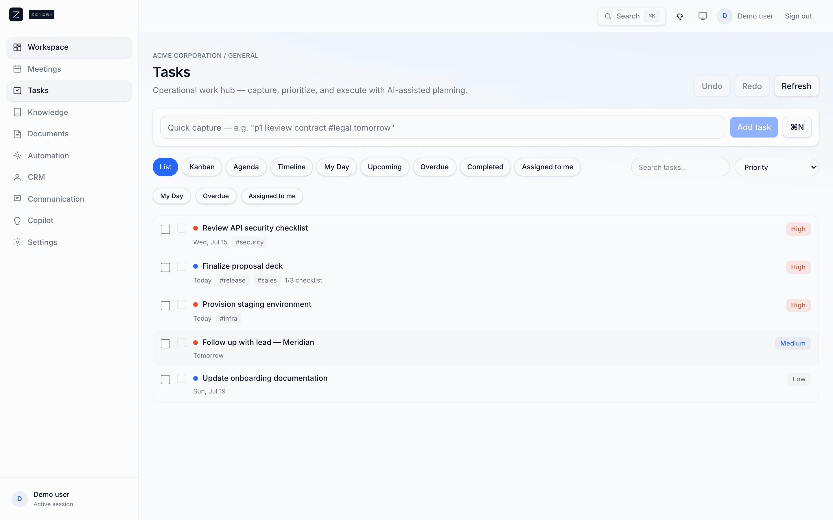 Zondra Tasks — Acme follow-ups with priorities and deadlines